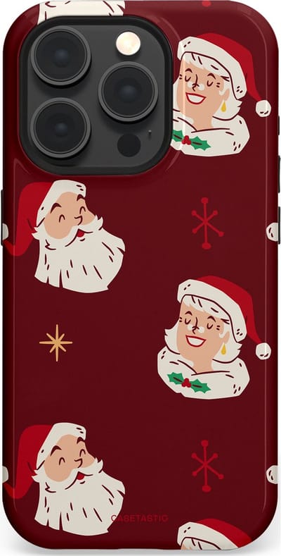 Casetastic hoesje geschikt voor Apple iPhone 15 Pro - MagSafe - Dubbellaagse bescherming - Mr. & Ms. Santa - Kerst - Fashion Case - Bordeaux Lichtgrijs Taupe
