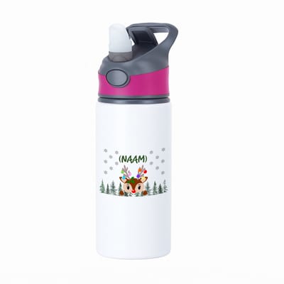 Hacebo® - Kerst rendier met eigen naam waterfles met rietje roze - Kerstmis - Kerst beker - winter - kerst - christmas - kerst cadeau - water fles - 650ML