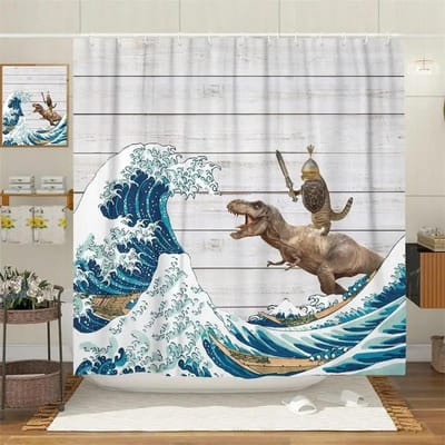 Grappige Kat Rijdt Dinosaurus Douchegordijnen Schattig Dier Zee Golven Surfplank Creatieve Kinderen Badgordijn Set Stof Badkamer Decor 90x180cm-35x70in gray