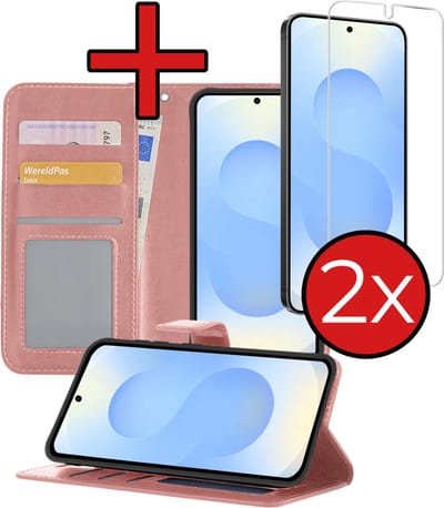 Hoesje - Met 2x Screenprotector - Geschikt voor Samsung Galaxy S25 - Luxe Pasjeshouder - Flip Case - Bookcase Portemonee - Kunstleer Book Case - Flipcase Hoes - Book Cover - Walletcase - Portemonneehoes - Telefoonhoes - Rosé goud