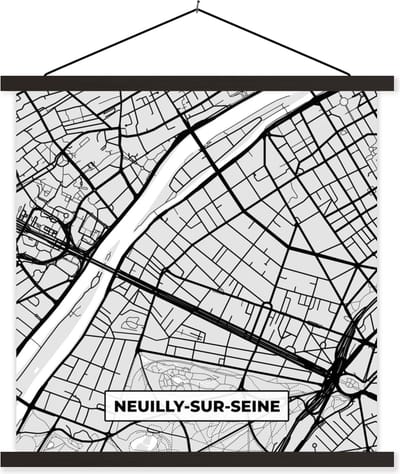 Posterhanger incl. Poster 60x60 cm - Schoolplaat - Frankrijk - Plattegrond - Kaart - Neuilly-sur-Seine - Stadskaart - Textielposter - Zwarte latten - Stadskaart