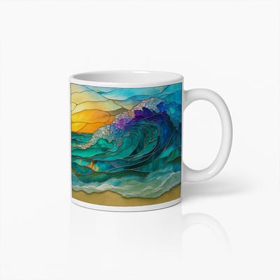 Koffiemok met Glas-in-Lood Golfkunst – Uniek Oceaanontwerp voor Natuurliefhebbers