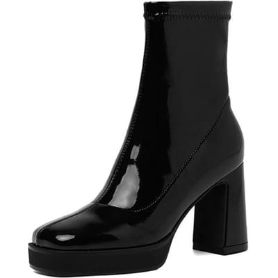 Nouvelles Bottes Slip-On en Cuir Stretch pour Femmes Automne Hiver Talons Hauts Bottes Chunky Bout Carré Plateforme Chaussures pour Femmes Bottines 38 black