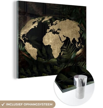 ® Glasschilderij 90x90 cm - Schilderij acrylglas - Wereldkaart - Vintage - Wereldbol - Foto op glas - Muurdecoratie woonkamer - Wanddecoratie slaapkamer - Schilderijen