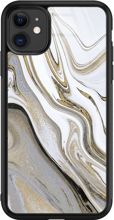 Hoesje geschikt voor iPhone 11 - Marmer wit goud - Luxe Glazen Hardcase - Marmer - Grijs - Leuke Telefoonhoesjes