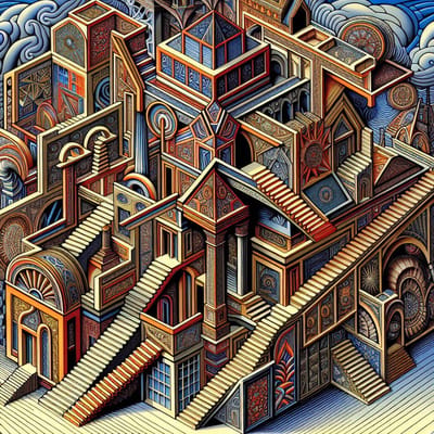 Doodle escher schilderij | Escher's Doodle: Een Surrealistisch Labyrint van Geniale Kunststreken | Kunst - 60x60 centimeter op Canvas | Foto op Canvas