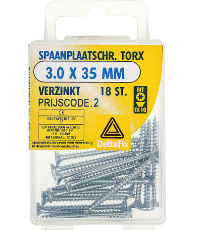 Spaanplaatschroef platkop / torx / met nibs / type 17 snijpunt. verzinkt. 3.0 x 35 mm. lang. 18 Houtschroeven. Deltafix.