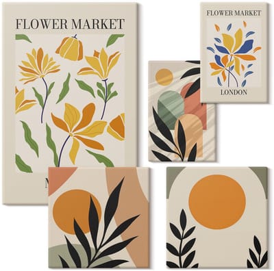 Wallfluent Set van canvas schilderijen - Bloemmotieven en abstracte composities in de boho-stijl Canvas Schilderijen Set - Set van 5 Canvas Schilderijen - Oranje Set van Canvas Prints - Natuur Canvas Kunst Set - Boheemse Canvas Kunst Set