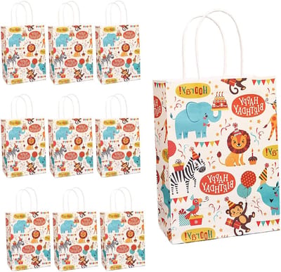10 Stuks Verjaardagstassen 15x21x8 cm Jungle Dieren Thema Kraft Papier Cadeautassen met Handvat voor Kinderen Feestjes en Snoepjes, Geel