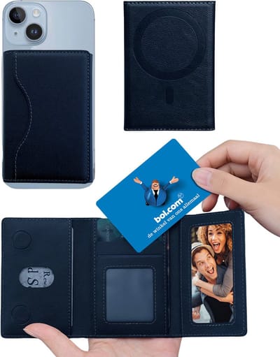 Ainy - Magnet wallet donker blauw | Magnetische pasjeshouder geschikt voor magsafe hoesje of Apple iPhone 12 / 13 / 14 / 15 / 16 / 17 ( plus / pro / max ) | Kaarthouder 5 vakjes voor pasjes | Uitklapbare telefoonstandaard / houder voor dames mannen