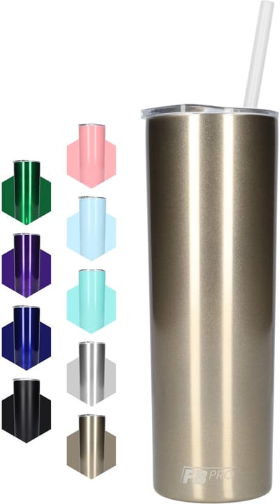 Slanke drinkbeker met rietje - Waterbeker - Thermosbeker - Isoleerkan - Robuust design - Lang formaat - Ideaal voor warm en koud weer - Dubbelwandig - 550 ML - RVS - Grijs Goud