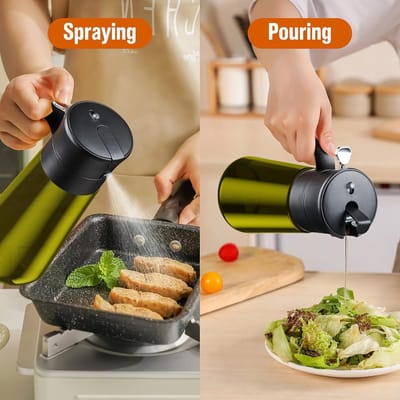Famanu - 2 stuks 550 ml glas 2-in-1 oliesproeier voor olijfolie, oliespuitfles voor het koken spijsolie olie verstuiver sproei olie voor heteluchtfriteuse (licht blokkeren)