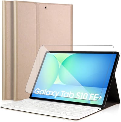 Hoes met toetsenbord geschikt voor Samsung Galaxy Tab S10 FE Plus / S10 FE+ (13.1 inch - 2025) - Screen Protector GlassGuard - Keyboard Book Case Cover Hoesje Goud & Screenprotector
