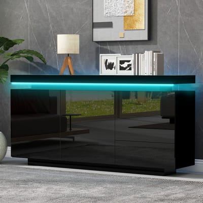 REDOM - Dressoir met LED-licht - 2 deuren en 3 lades - App-bediening - Moderne stijl - Woonkamer - Spaanplaat - Zwart - 140 x 35 x 72,5 cm