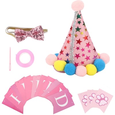 Chapeau d'anniversaire pour chien et nœud papillon réglable, fournitures d'anniversaire pour chien, jolies et douces, décorations rose