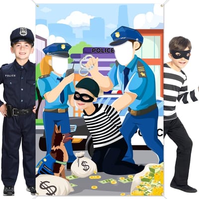 Dailygoods- Foto Banner 100 x 150 cm - Politiedief Achtergrond - Fotocabine Rekwisieten - Kinderfeestspel - Politie Dief Spel - Grappige Decoratie - Fotobanner