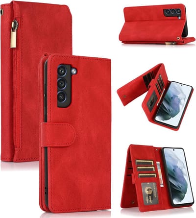 Casemania Hoesje Geschikt voor Samsung Galaxy S22 Plus - Rood - Luxe Portemonnee Book Case met Rits & Extra Vakken