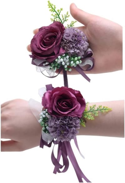 Set kunststof bloemen polsbosje en boutonnière zijdezacht paars