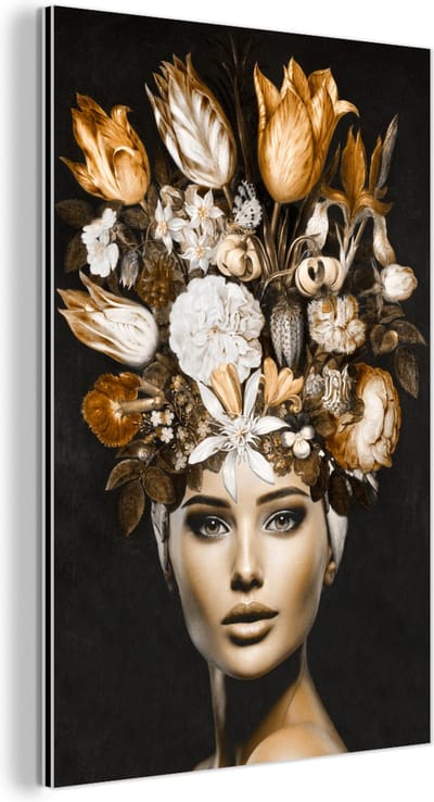 Wanddecoratie Metaal - Aluminium Schilderij Industrieel - Vrouw - bloemen - goud - 20x30 cm - Dibond - Foto op aluminium - Industriële muurdecoratie - Voor de woonkamer/slaapkamer