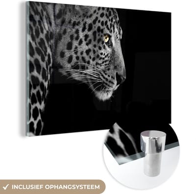 Glasschilderij luipaard - Dieren - Zwart - Wit - Portret - Schilderij glas - Foto op glas - Woonkamer decoratie - 30x20 cm - Wanddecoratie glas - Woondecoratie