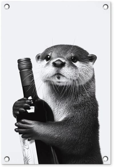 Tuinposter 40x60 cm - Tuindecoratie Wijnfles - Otter - Zwart - Poster voor in de tuin - Buiten decoratie - Schutting tuinschilderij - Tuindoek muurdecoratie - Wanddecoratie balkondoek
