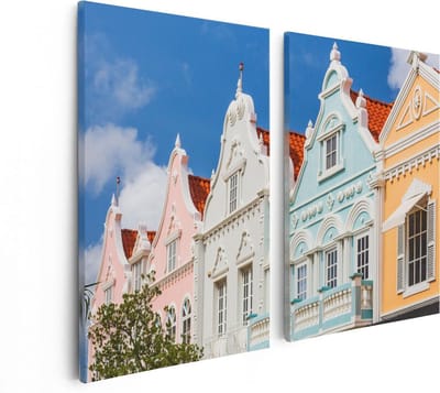 Artaza Canvas Schilderij Tweeluik Aruba Kleurrijke Huisjes - Nederlandse Antillen - 80x60 - Foto Op Canvas - Canvas Print