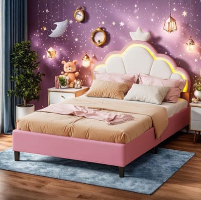 Kinderbed 90x200cm met Kronevormig Hoofdteil, LED, Verstelbaar Hoofdteil en Lattenbodem, Roze