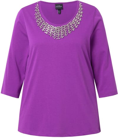 Ulla Popken - Dames - Shirt kettingversiering classic ronde hals 3/4-mouwen - Braambes - Maat 42+