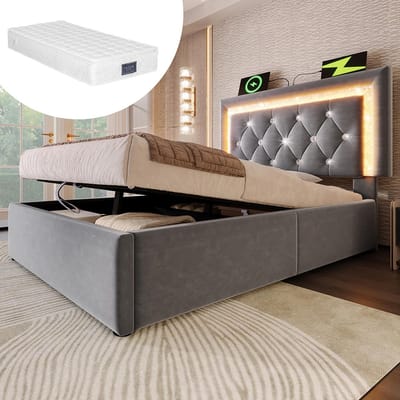 BLACKCOLORS Gestoffeerd bed 90x200 cm Eenpersoonsbed van fluweel met diamantvormige ledstrip in het hoofdeinde, USB- en Type-C-oplaadstation, hydraulische opbergruimte onder het bed, modern bed voor tieners met lattenbodem, grijs (met matras)