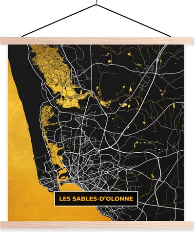 Posterhanger incl. Poster 40x40 cm - Schoolplaat - Stadskaart - Plattegrond - Les Sables-d'Olonne - Kaart - Frankrijk - Textielposter - Blanke latten - Stadskaart