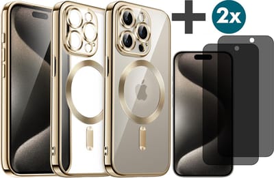 Hoesje met Privacy Screenprotectors 2 Stuks Geschikt voor iphone 15 Pro Hoesje - Geschikt voor MagSafe - Arara siliconen Backcover - Goud