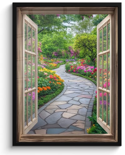 Poster in lijst - Fotolijst 50x70 cm - Posters - Doorkijk - Bloemen - Tuinpad - Natuur - Raam - Posterlijst zwart - Decoratie - Wanddecoratie woonkamer - Muurdecoratie slaapkamer