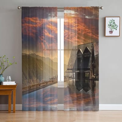 Snow Mountain Trailhead Hutten Taichung Chiffon Transparante Gordijnen voor Woonkamer Slaapkamer Decoratie Raam Voiles Tule Gordijn 135W x 114H(cm) black