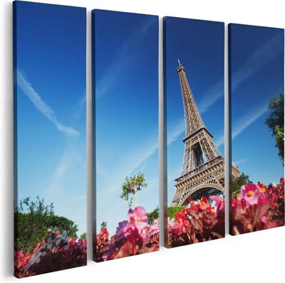 Artaza Canvas Schilderij Vierluik Eiffeltoren In Parijs Met Bloemen - 80x60 - Foto Op Canvas - Canvas Print