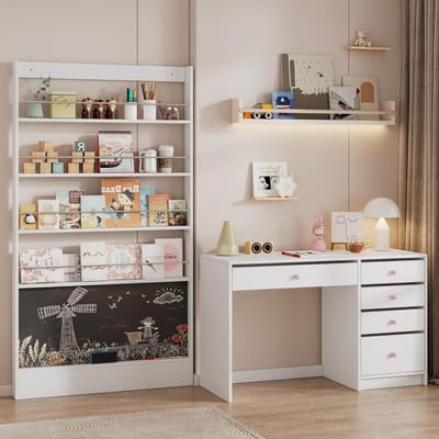 Bureau Fotoboekenkast - Kinderbureau Set - Huiswerk Maken - 5 Zones Opbergruimte - 120x45x74 cm - Wit