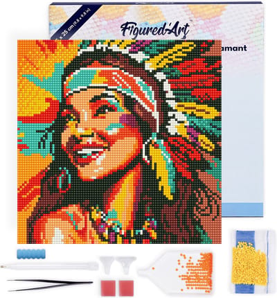 Figured'Art Mini Diamond Painting set Volwassenen 25x25 cm met lijst Inheemse Elegante Vrouw Pop Art - 5D DIY Art full drill ronde diamant - Canvas al ingelijst