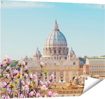 Gards Tuinposter Sint Pietersbasiliek in Rome met Bloemen - 100x80 cm - Tuindoek - Tuindecoratie - Wanddecoratie buiten - Tuinschilderij