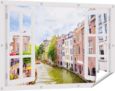 Gards Tuinposter Doorkijk Huizen aan de Oudegracht in Utrecht - 120x80 cm - Tuindoek - Tuindecoratie - Wanddecoratie buiten - Tuinschilderij