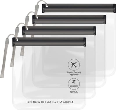 Set van 4 Doorzichtige Toilettassen 20x20cm voor Vloeistoffen - TSA Goedgekeurd, Waterdicht en Ideaal voor Reisaccessoires en Cabin Luggage