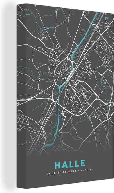 Canvas Schilderij België – Halle – Stadskaart – Kaart – Blauw – Plattegrond - 20x30 cm - Wanddecoratie