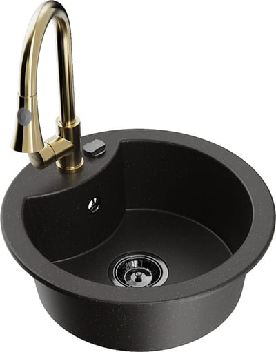 Mexen Diego granieten spoelbak 1-kompartiment met keukenmengkraan Elia, zwart/goud metallic - 6512-75-670101-50-B