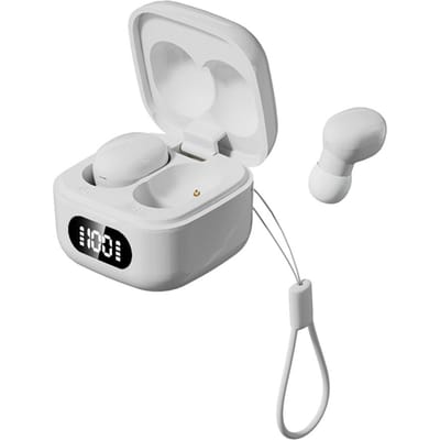 Kleine, draagbare, onzichtbare oordopjes met draagkoord, draadloze Bluetooth-koptelefoon met batterij-indicator en ruisonderdrukking. wit