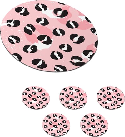 Onderzetters voor glazen - Rond - Panterprint - Deren - Design - Roze - 10x10 cm - Glasonderzetters - 6 stuks