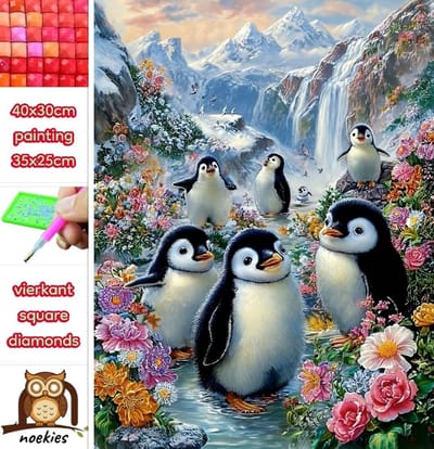 40x30cm Diamond Painting pinguins bloemen (vierkant) nr 193