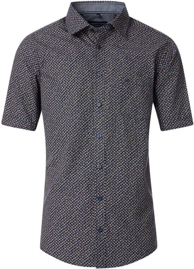 CASA MODA Sport comfort fit overhemd - korte mouw - popeline - donkerblauw met oranje - groen en lichtblauw dessin - Strijkvriendelijk - Boordmaat: 39 - 40