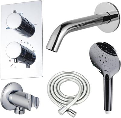 FugaFlow Eccelente Acces Badkraan set - uitloop - 22cm inkortbaar - gladde slang - ronde handdouche - inbouwdeel - wandhouder - chroom