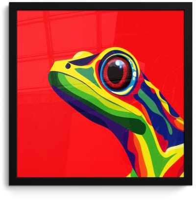Poster in lijst - Fotolijst 40x40 cm - Posters - Kikker - Kleurrijk - Strepen - Ogen - Posterlijst zwart - Decoratie - Wanddecoratie woonkamer - Muurdecoratie slaapkamer