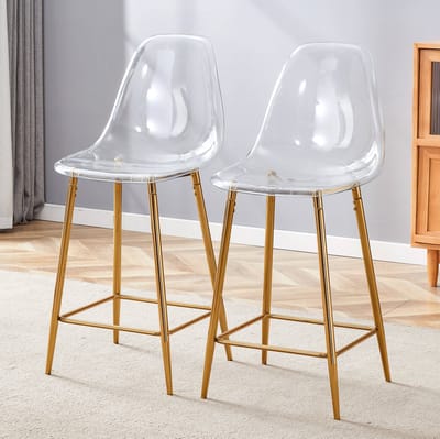 Barkruk - Transparant Design - Set Van 2 - Met Rugleuning En Voetsteun - Voor Keukeneiland, Bar En Eetkamer - Kunststof Goud