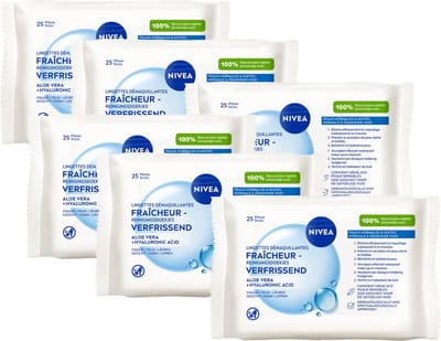 NIVEA 3-in1 Verfrissende Reinigingsdoekjes - Make-up Remover Doekjes - Normale tot gemengde huid - Lotusbloemextract - Gezichtsreiniger - 6 x 25 stuks