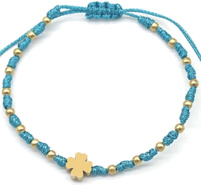 Stoffen Armband Dames - RVS Kralen en Klaver - Koord - Touw - Lengte Verstelbaar - Goudkleurig en Blauw